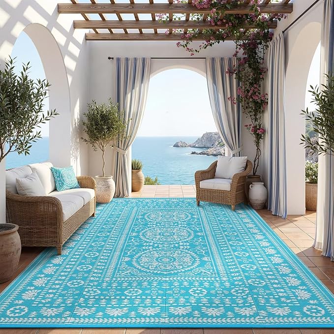 Garvee Reversible Outdoor Rug 8x10 for Patio, Waterproof Outdoor Area Rug, Modern Medallion Indoor Outdoor Rugs, Plastic Straw Rug for RV, Camping, Deck, Vintage Blue