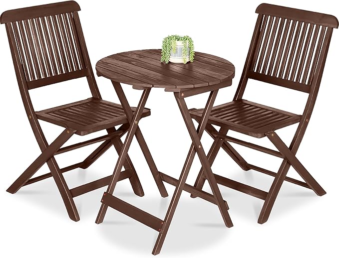 Best Choice Products 3-Piece Acacia Wood Bistro Set, Folding Patio Furniture for Backyard, Balcony, Deck w/ 2 Chairs, Round Coffee Table, Teak Finish - Brown
