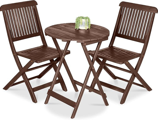 Best Choice Products 3-Piece Acacia Wood Bistro Set, Folding Patio Furniture for Backyard, Balcony, Deck w/ 2 Chairs, Round Coffee Table, Teak Finish - Brown