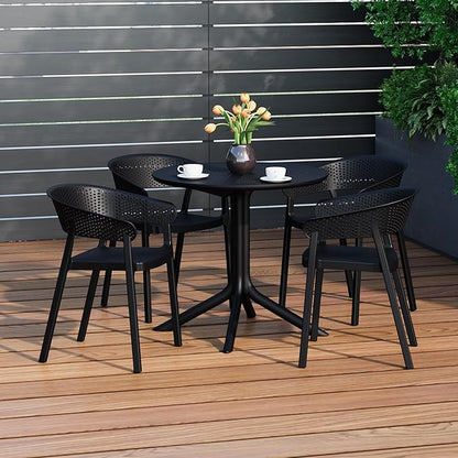 Costaelm Dining Table Set for 4, HDPE Patio Round Dining Table and Stackable Chair, Kitchen & Dining Room Sets All Weather for Backyard Porch Poolside, Black