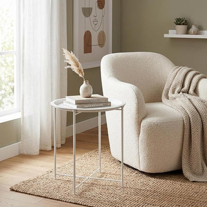 VECELO Side/End Table, Folding Round Metal Anti-Rust and Waterproof Outdoor or Indoor Tray for Living Room Bedroom Balcony and Office, 1 PCS, Beige