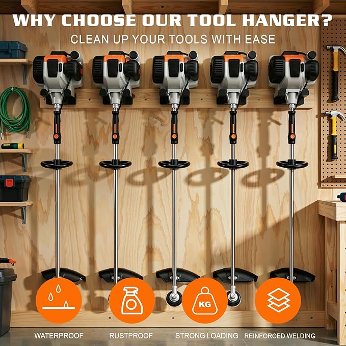 Housolution 8" Trimmer Rack with Rubber Coating, [2 Pack] Heavy Duty Weed Eater Hanger, Garden Power Tool Holder Organizer Hooks for Grass Trimmer, Hedge Trimmer, Garden Tool, Leaf Blower, Chainsaw