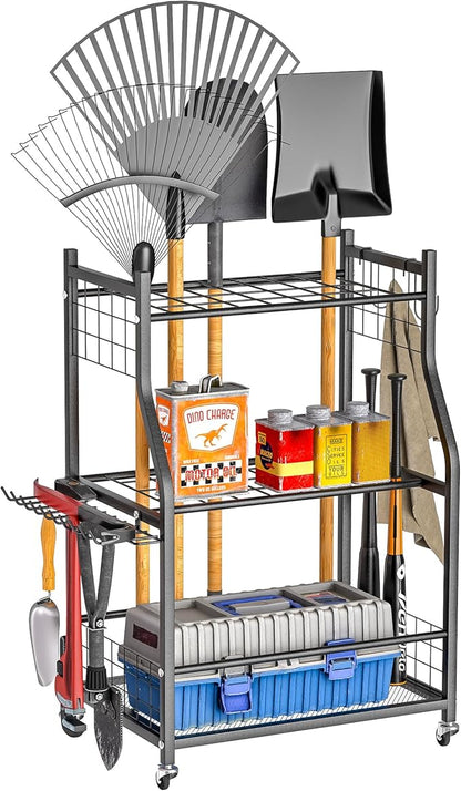 Ultrawall Garden Tool Organizer, Yard Tool Storage Stand for Garage with Lockable Wheels, Shed Tool Storage for Rake, Brooms, Indoor & Outdoor Use