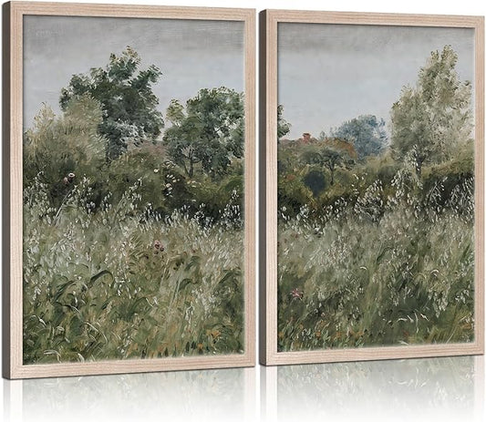 Framed Vintage Canvas Wall Art Nature Scenery Tranquil Outdoor Greenery Poster Picture Countryside Painting Natural Landscape Modern Home Print Living Room Gallery Ready to Hang 16x24 inches x2