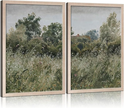 Framed Vintage Canvas Wall Art Nature Scenery Tranquil Outdoor Greenery Poster Picture Countryside Painting Natural Landscape Modern Home Print Living Room Gallery Ready to Hang 12x16 inches x2