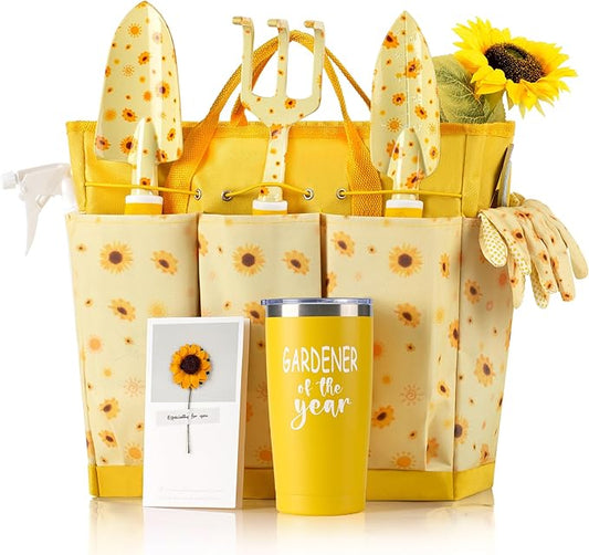 Garden Tool Set with Sunflower Print, Heavy Duty Gardening Hand Tools with Garden Tool Bag,Gardening Gifts for Women&Men,Yellow