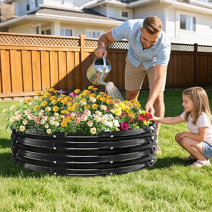 12 Inch Tall Heavy-Duty Round Steel Rised Garden Bed – Wave-Shaped Design Galvanized Metal Planter Box for Vegetables Flowers Succulent at Patio/Garden Outdoor (Black, 48" Diameter)