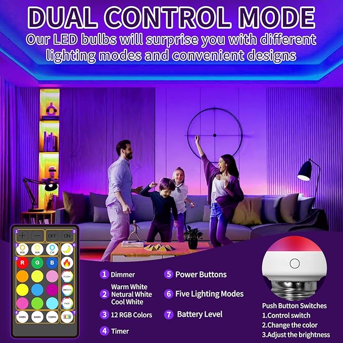 4PK Rechargeable Light Bulbs with Remote,Emergency Battery Operated Light Bulbs with Dual Recharging Ways, Tuned White and12 RGB Colors Optional,Timer,Ideal for Lamp,Power Outages,Camping,Hurricane