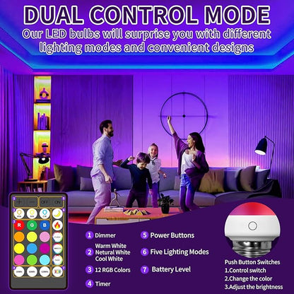 4PK Rechargeable Light Bulbs with Remote,Emergency Battery Operated Light Bulbs with Dual Recharging Ways, Tuned White and12 RGB Colors Optional,Timer,Ideal for Lamp,Power Outages,Camping,Hurricane