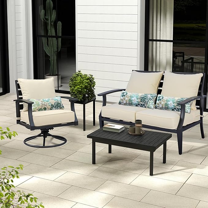 Aoodor Outdoor Chair Cushion, 23 x 26 Inch Water-Resistant, Fade-Resistant Olefin Fabric Patio Seat Cushions with Removable Cover and Adjustable Straps for Outdoor Furniture, Set of 2, Cream Yellow