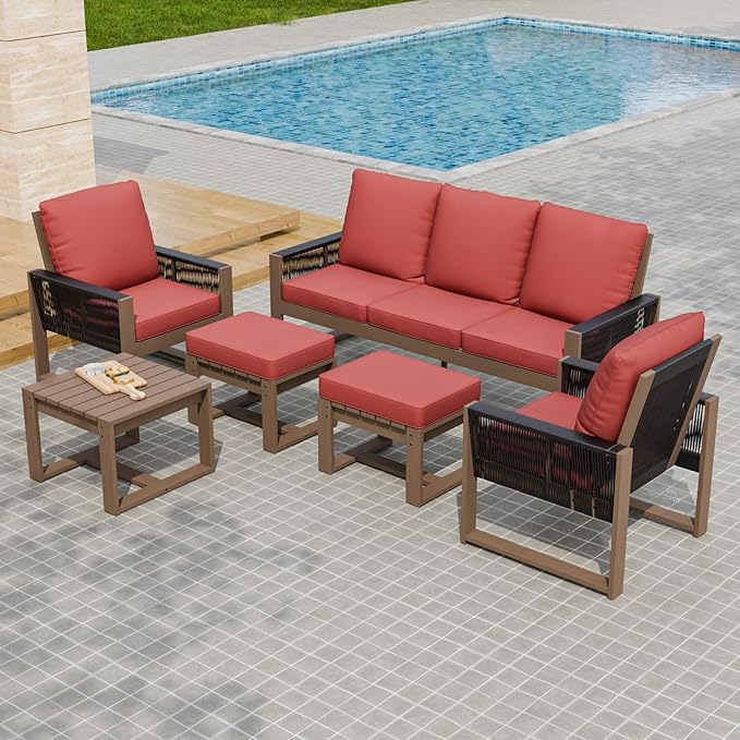 Rustic Hideaway Natural Cedar Wood Outdoor Furniture Set, Wicker Patio Conversation Set for Porch Garden Backyard, Couch, 2 Patio Chairs, Side Table and 2 Ottomans, 6 Piece, Brownish/Red