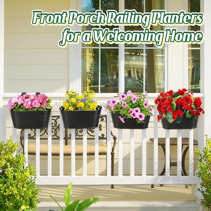 MADHOLLY Railing Planter with Drainage Holes - Sturdy Bucket Pots for Railing Fence, Countryside Style Metal Flower Pots for Herbs Balcony Garden Yard Decor, 4Pcs, Black