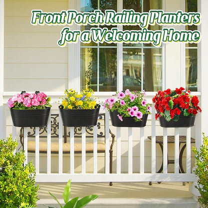 MADHOLLY Railing Planter with Drainage Holes - Sturdy Bucket Pots for Railing Fence, Countryside Style Metal Flower Pots for Herbs Balcony Garden Yard Decor, 4Pcs, Black