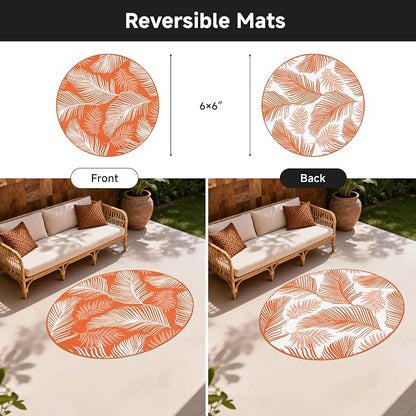 Pauwer Waterproof Outdoor Rug 6ft, Reversible Plastic Straw Patio Camping Rug, Indoor Outdoor RV Mat Carpet for Deck, Camper, Porch, Balcony, Backyard, Picnic, Leaf Orange