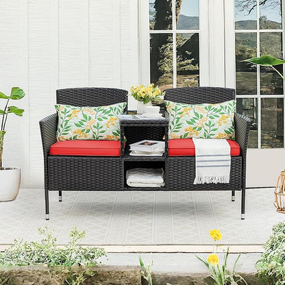 Devoko Outdoor Patio Loveseat Modern Rattan 2-Seat Patio Conversation Set with Cushions & Built-in Coffee Table Porch Furniture for Garden Lawn Backyard (Red)