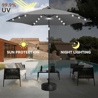 10ft Solar Patio Umbrella - Outdoor Umbrella with Centre Surround Light 24 LED Beads, Market Table Umbrella with Tilt & Crank for Pool, Porch, Garden, Deck, Backyard UV Protection(Anthracite)