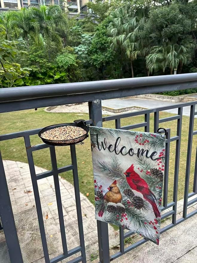 Railing Bird Feeder with Cardinal Flag for Balcony/Deck/Porch 8" Platform Bird Seed Tray and Garden Flag Handrail Mount Metal Mesh Feeder for Wildbird Feeding