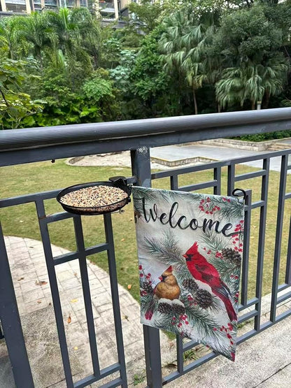 Railing Bird Feeder with Cardinal Flag for Balcony/Deck/Porch 8" Platform Bird Seed Tray and Garden Flag Handrail Mount Metal Mesh Feeder for Wildbird Feeding