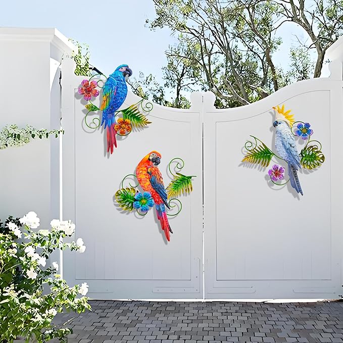 Metal Colorful Parrots Wall Art, 12 Inches Parrot Large Hanging Outside Decoration 3 Pack, Metal Bird Wall Christmas Decoration Gift, Decor Outdoor Decorations for Yard, Garden Ornaments Patio Outside Porch Christmas Decor