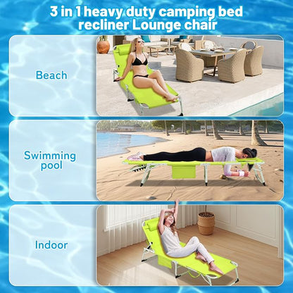 Outdoor Chaise Lounge with Detachable Pillow, Reclining Folding Chair with 5-Position Adjustable Back, Portable Tanning Chair For Beach, Pool, Lawn, Breathable Mesh Seat, No Assembly (Green 3)