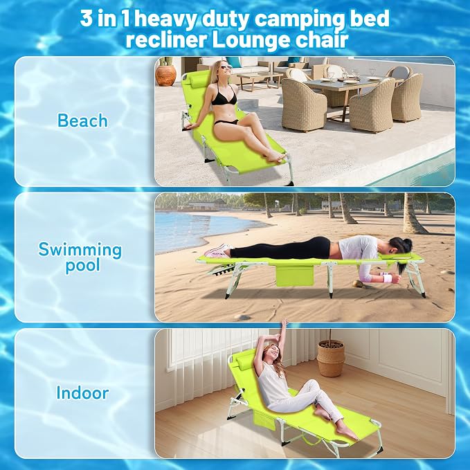 3-in-1 Oversized Sun Tanning Chair with Mat & Face Hole (Green) | Folding Chaise Lounge,5-Position Adjustable Outdoor Chair for Beach, Pool, Patio, Lawn, Yard - Includes Pillow