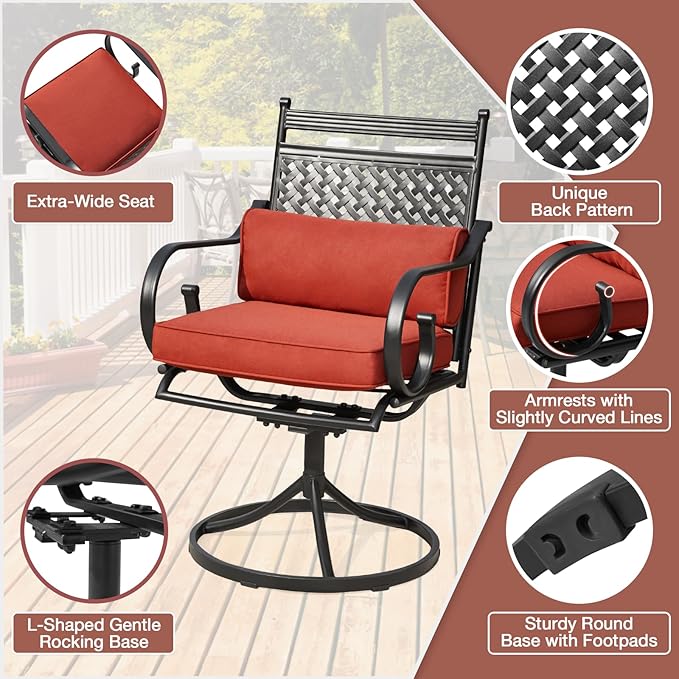 MELLCOM Patio Swivel Chair Set of 2, Heavy Duty Outdoor Dining Chairs with Cushions and Lumbar Pillows, Metal Patio Chairs Gentle Rocker for Outside, Garden Lawn & Porch, Backyard, Red