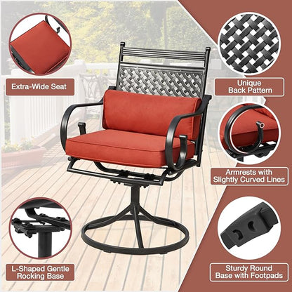 MELLCOM Patio Swivel Chair Set of 4, Heavy Duty Outdoor Dining Chairs with Cushions and Lumbar Pillows, Metal Patio Chairs Gentle Rocker for Outside, Garden Lawn & Porch, Backyard, Red