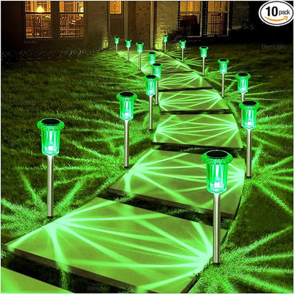 DenicMic Solar Lights Outdoor 10 Pack Waterproof Green LED Stainless Steel Stake Outside Lights for Yard Pathway Garden Driveway Walkway Landscape Path Lighting