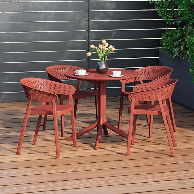 Costaelm Dining Table Set for 4, HDPE Patio Round Dining Table and Stackable Chair, Kitchen & Dining Room Sets All Weather for Backyard Porch Poolside, Red