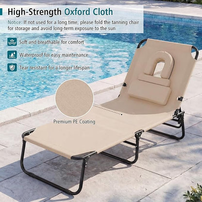 GYMAX Beach Lounge Chair, Sunbathing Chair Patio Lounge Chair Folding Adjustable Recliner with Hole for Face