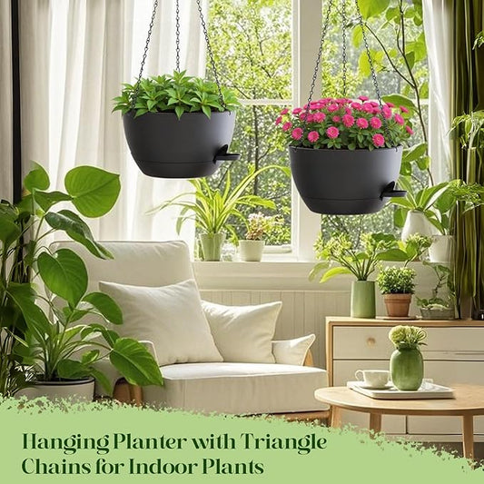 10 Inch Hanging Planters with Chains 2 Pack Self Watering Black Plastic Hanging Pots for Indoor Outdoor Plants, Garden Porch Home Decor (Black)