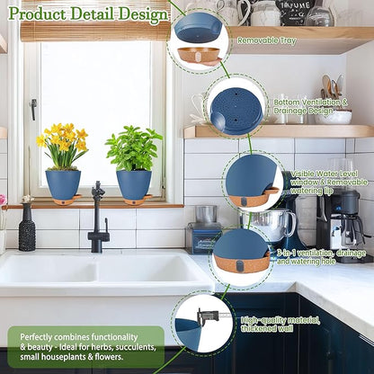 6 Inch Self Watering Pots for Indoor Plants(5-Pack) – Small Plastic Planters with Water Level Window, Drainage Holes & Detachable Trays, Indoor Outdoor Flower Pots for Herbs, Snake,Pothos(Navy Blue)