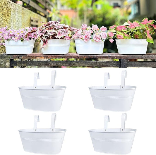LaLaGreen Outdoor Rail Planter (4 Pack, 11.8 Inch) Metal Iron Hanging Flower Pots Deck Railings Fence Buckets Modern Countryside Boho Style White Wall Mount Window Box Plant Holder Hooks Porch Decor