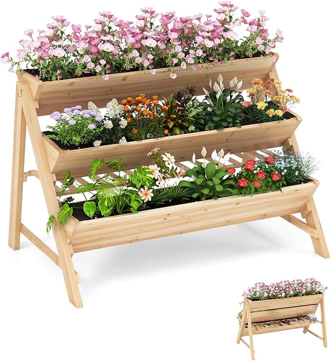 Giantex 3-Tier Raised Garden Bed, Wooden Vertical Planter Box with Storage Shelf, 2 Hanging Hooks & 3 Bed Liners, All-Weather Freestanding Planter, Elevated Raised Beds for Lawn Patio, Natural