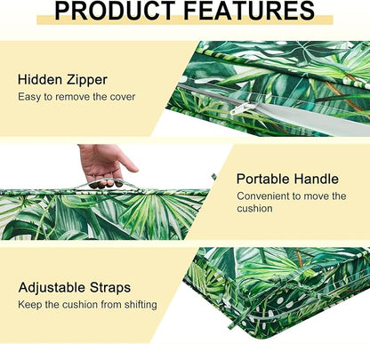 downluxe Outdoor Chair Cushions Set of 4, Waterproof 19" x 19" x 3" Patio Chair Cushion with Non-Slip Ties & Handle, Square Outdoor Cushion for Patio Furniture with Removable Cover, Palm Leaves