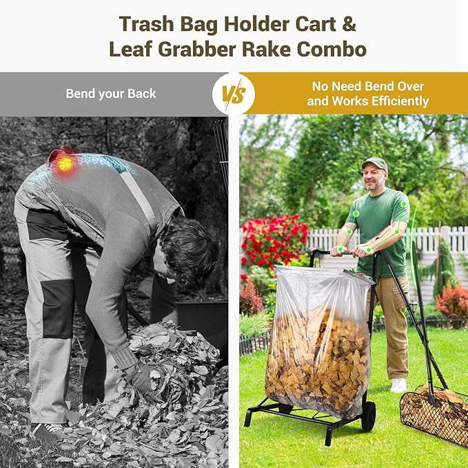 CAROD Leaves Grabber Rake with Leaf Bag Cart Combo, Lightweight Metal Leaf Grabber with Long Handle, Convenient Trash Bag Cart Holds 30-45 Gallon Trash Bags for Leaves Weeding Camping Party