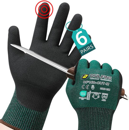 DULFINE ANSI A4 Cut Resistant Work Gloves for Men,6 Pairs Pack.Touchscreen Micro Nitrile Coated,Anti-Slip & Durable for Construction, Wood Cutting,Glass Factory Industrial Use(Medium)