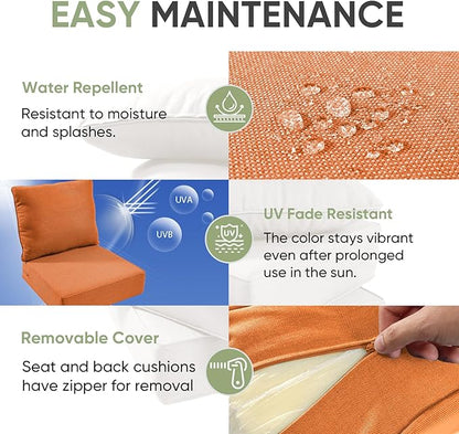 Outdoor Furniture Cushions, 6 inch Thick Seat Cushions for Outdoor Furniture, Waterproof 22x24 Patio Couch Cushions, Replacement Chair/Sofa Cushion, Include 3 Back & 3 Seat Cushion, Thick/Orange