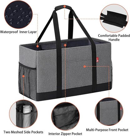 Extra Large Utility Tote Bag, Foldable Reusable Grocery Bags, Collapsible Tote with Metal Wire Frame & Reinforced Bottom Board, Stand up Large Utility Tote for Groceries, Shopping, Storage