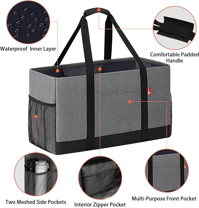Extra Large Utility Tote Bag, Foldable Reusable Grocery Bags with Metal Wire Frame & Reinforced Bottom Board, Stand Up Large Utility Tote for Shopping, Beach Bag, Laundry, Car (Grey)