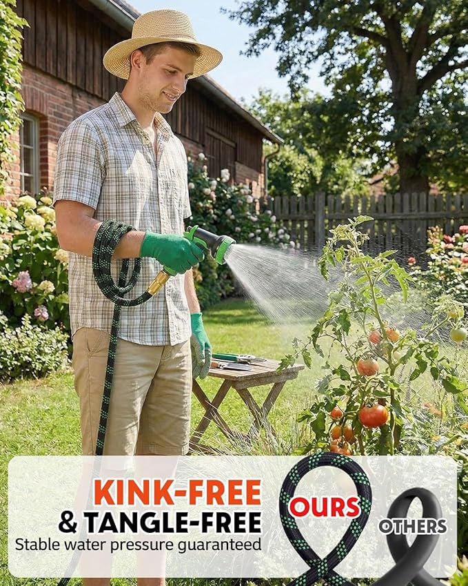 50ft Flexible Garden Hose, Lightweight Water Hose, NON-EXPANDABLE Garden Hose with 10 Function Sprayer Nozzle, Kink-Free Triple-Layer Composite Watering Hose for Yard, Lawn, Outdoor and Car Washing