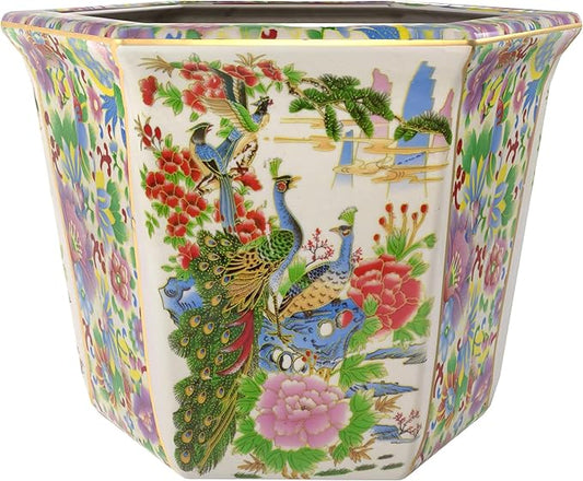10" Satsuma Birds & Flowers Porcelain Flower Pot