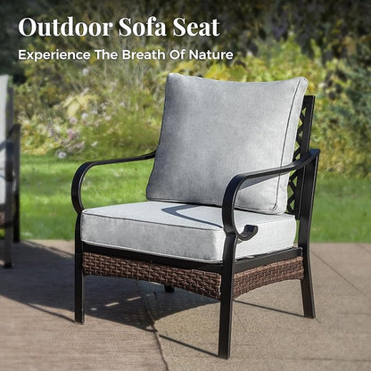 Patio Furniture Set with Firepit Table, Black Frame Outdoor Conversation Set with 4 x Fixed Chairs, 1 x 3-Seat Sofa for Lawn Garden Backyard, Light Grey