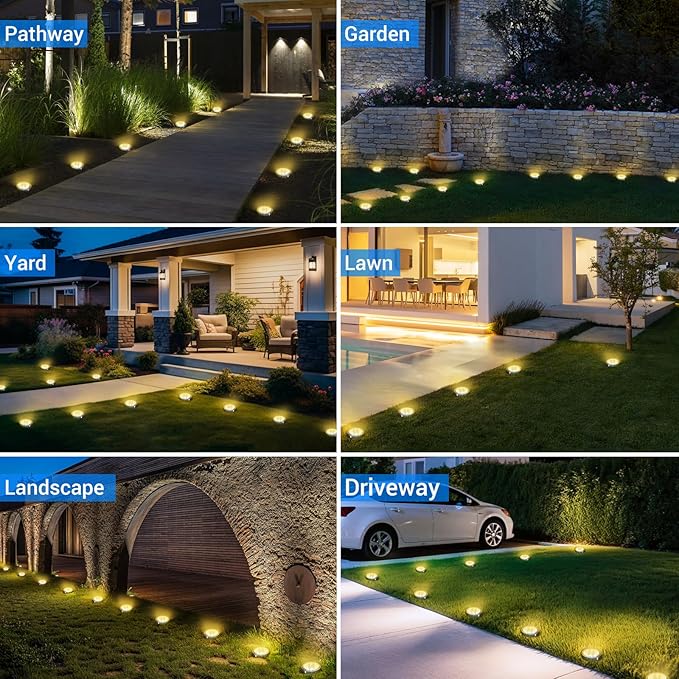 Peasur Solar Ground Lights Outdoor, 6 Pack Flat Solar Powered Disc Lights, IP68 Waterproof, Anti-Rust, Landscape Lighting for Pathway Garden Yard Lawn Walkway Landscape Driveway, Mini, Warm White