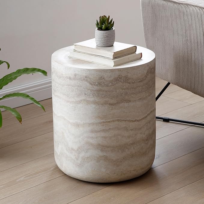kevinplus Round Faux Stone Coffee Table Side End Table Set of 2 for Living Room, Modern Contemporary Circle Drum Style, Fiberglass Material, No Assembly (Mars Texture, 2-Pcs)