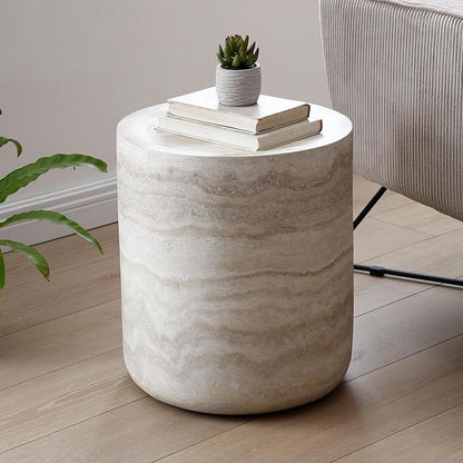 kevinplus Round Faux Stone Coffee Table Side End Table Set of 2 for Living Room, Modern Contemporary Circle Drum Style, Fiberglass Material, No Assembly (Mars Texture, 2-Pcs)