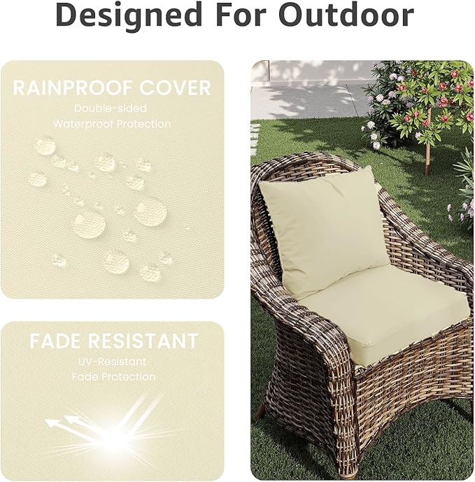 PatioGlow Outdoor Chair Cushions 19 x 19 x 3 Inch, Waterproof & Fade Resistant Patio Seat Cushion for Furniture with Handle and Ties, Thick Seating Pads for Outside Sofa Couch Set of 2, Beige