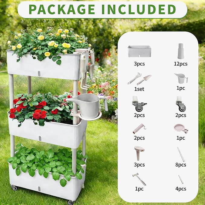 MNKXL Self-Watering Raised Planter Box with Lockable Wheels,3-Tier Elevated Garden Bed with Visible Water Level Window,Indoor Outdoor Plastic Plant Box for Flowers,Vegetables & Herbs