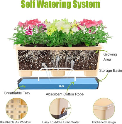 Oliz Window Box Planter 8 Pcs, 17 Inches Rectangle Flower Pots with Drainage Holes & Trays, Vegetable Planters for Windowsill Patio Garden Balcony Home Indoor Outdoor (Barley Yellow, 16 * 7 * 6 inch)
