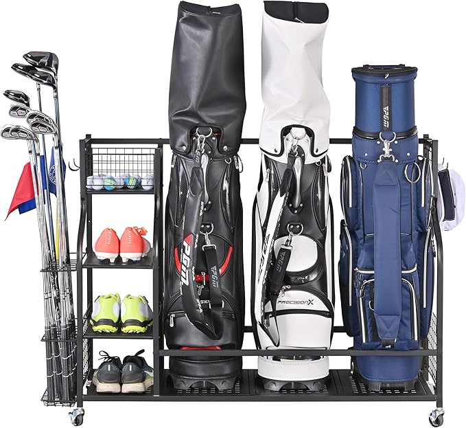 Mythinglogic 3 Golf Bags Storage Organizer-Extra Large Size Fits 3 Full Size Golf Bags,Garden Tool Organizer for Garage-Yard Tool Racks with Wheels